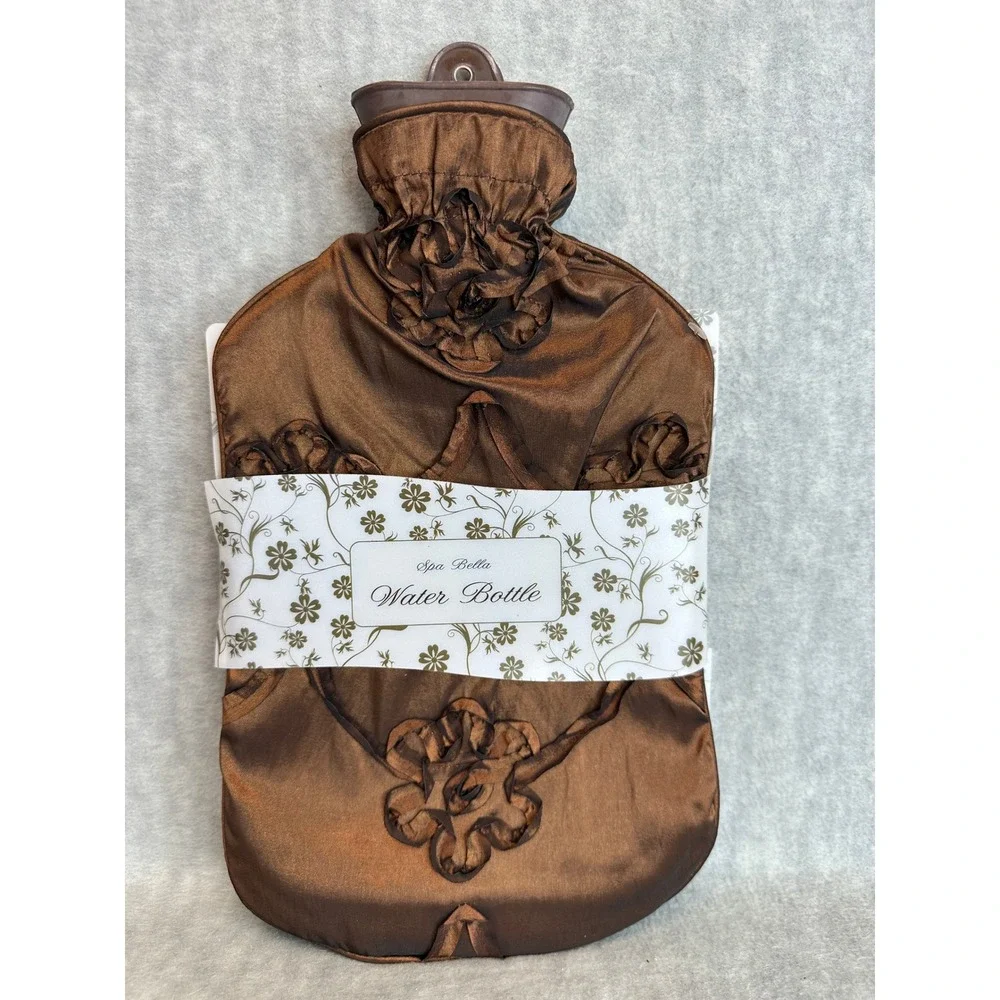 Spa Bella Water Bottle Brown Satin Floral Trim Cozy Heat‎ Therapy Cold Therapy